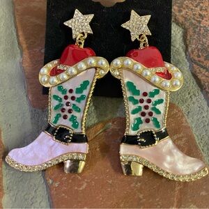 Christmas Rhinestone Cowgirl Boots Western Holiday Earrings